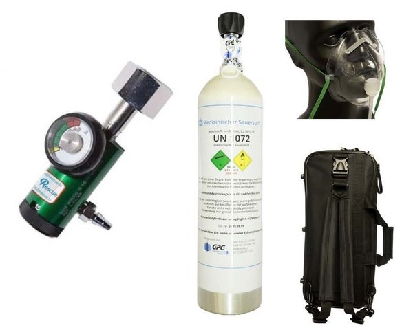 medizinische Sauerstoffflasche, Druckminderer, O2 Maske